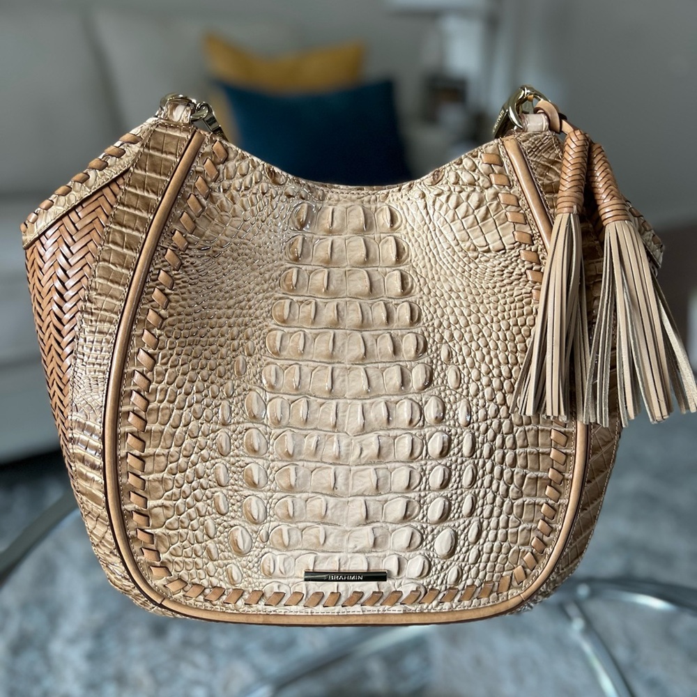 Brahmin Beige Croc-Embossed Shoulder Bag